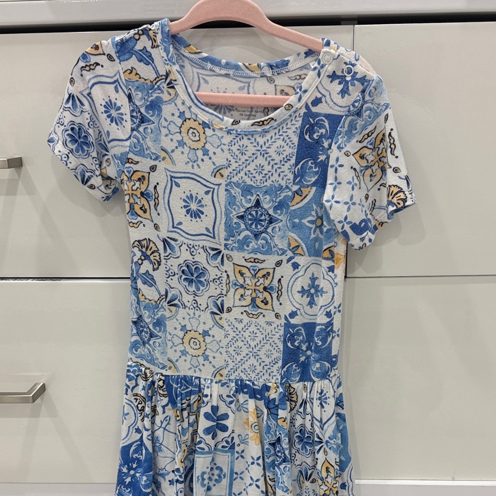 Posh Peanut Blue and White Tile-Style Short Sleeve Dress 2T